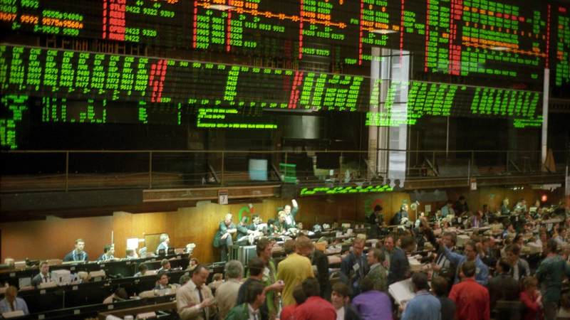 Electronic price boards above the Chicago Board of Trade floor