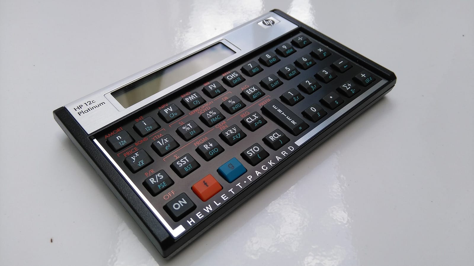 HP 12c Platinum financial calculator at an angle